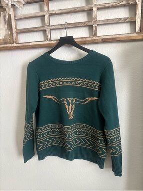 Teal Crewneck Sweater with Longhorn Motif